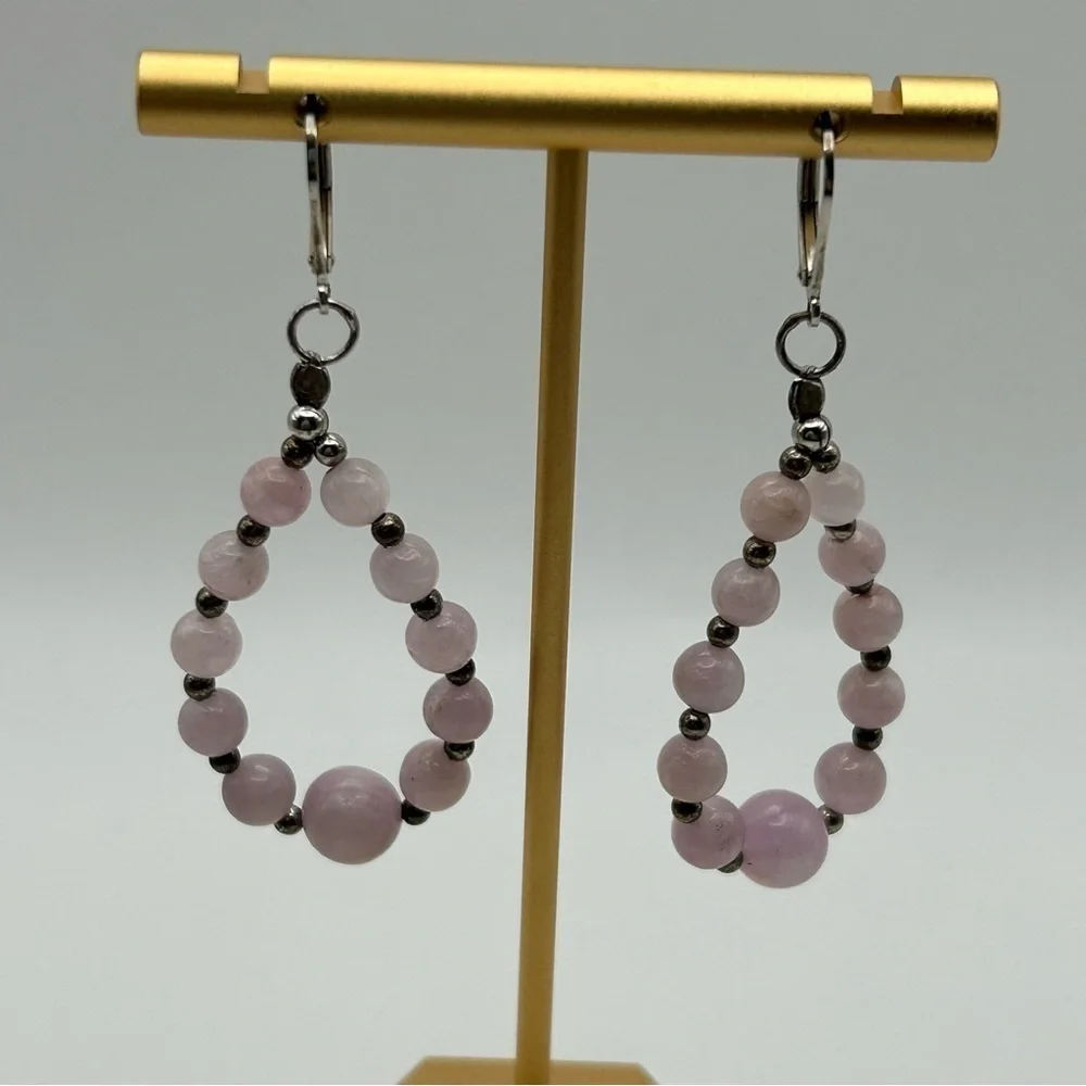 Genuine Rose Quartz Graduated Beaded Sterling Silver 925 Lever Back Earrings